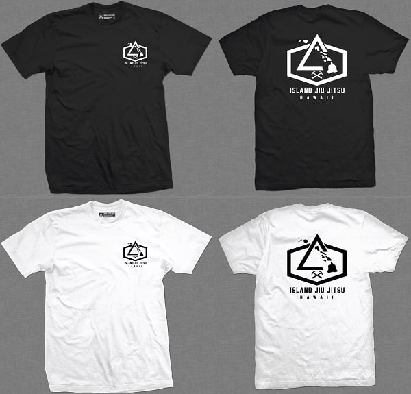 Front and back views of the black and white IJJ hammer logo t-shirts: a small hexagon logo on the chest and a large Island Jiu Jitsu Hawaii logo on the back