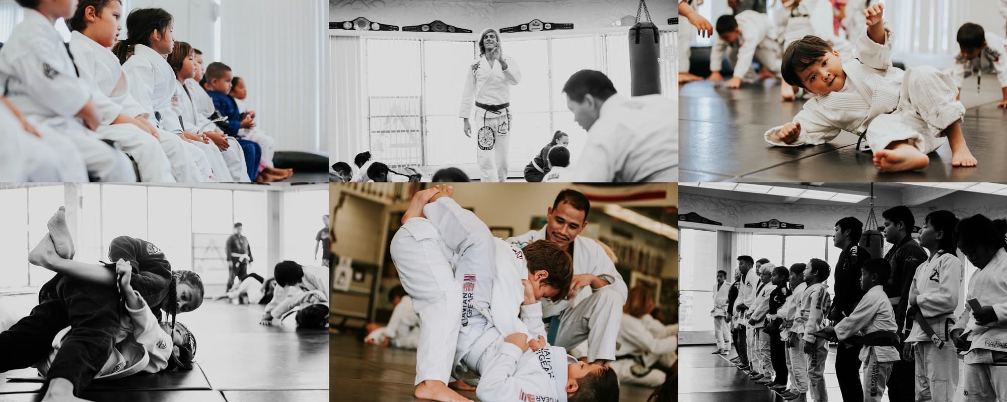 Collage of keiki and youth classes at Island Jiu-Jitsu: students lined up along the wall, a coach demonstrating, keiki drilling and sparring